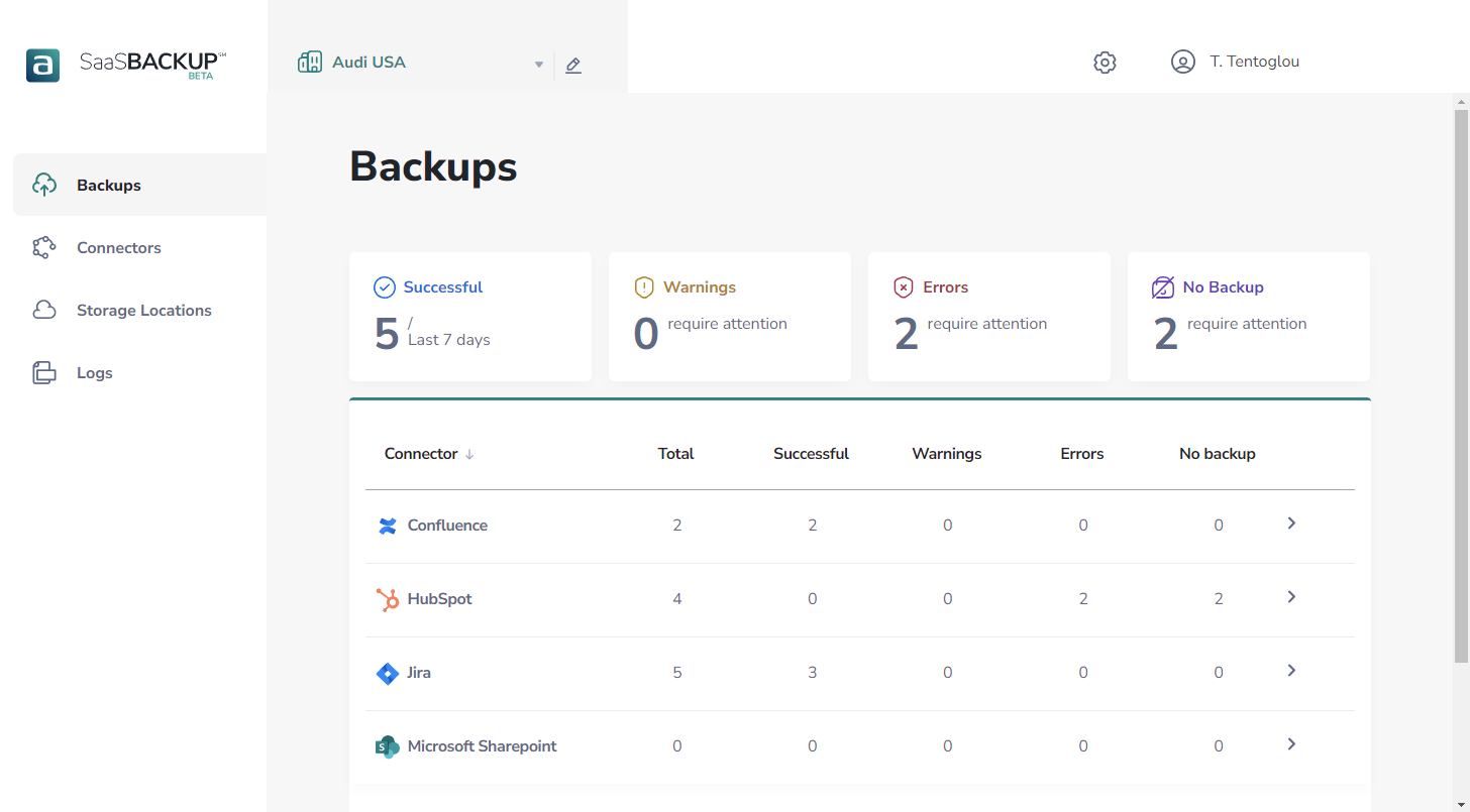 SaaSAssure backups UI