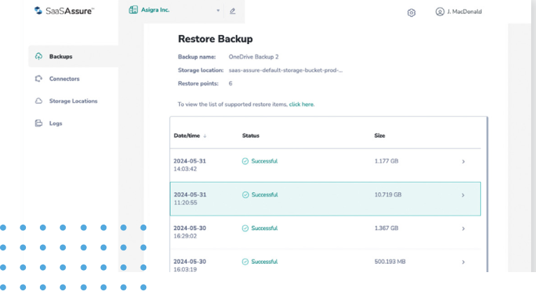 Screenshot of SaaSAssure restore backup dashboard interface.