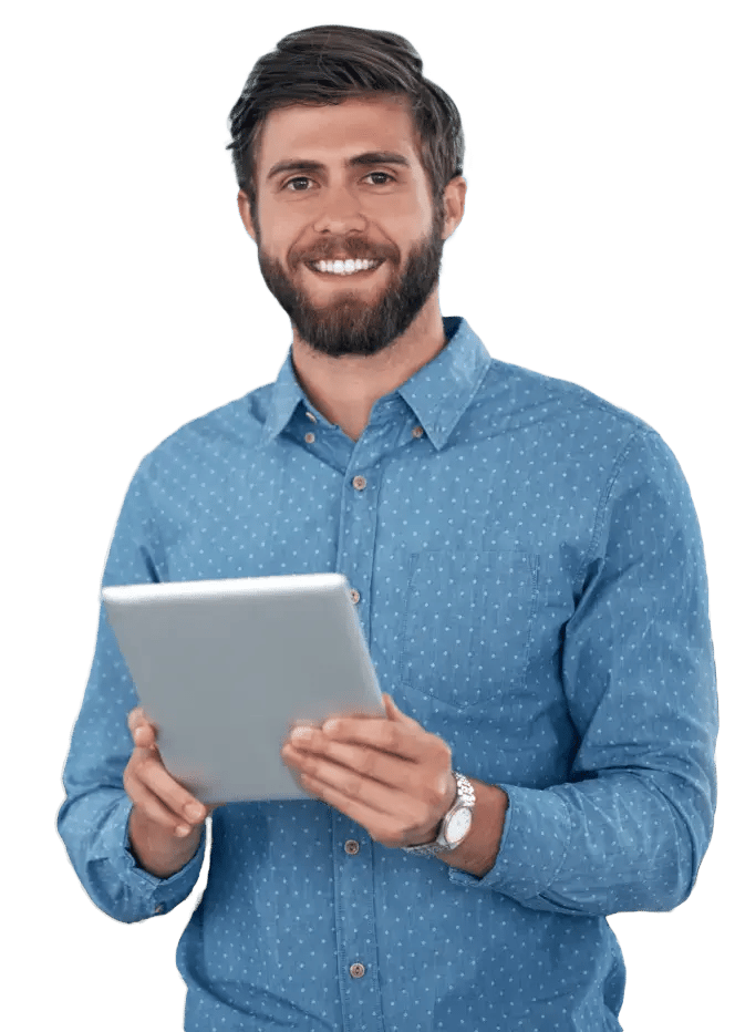 Young professional man with short beard smiling and holding tablet.