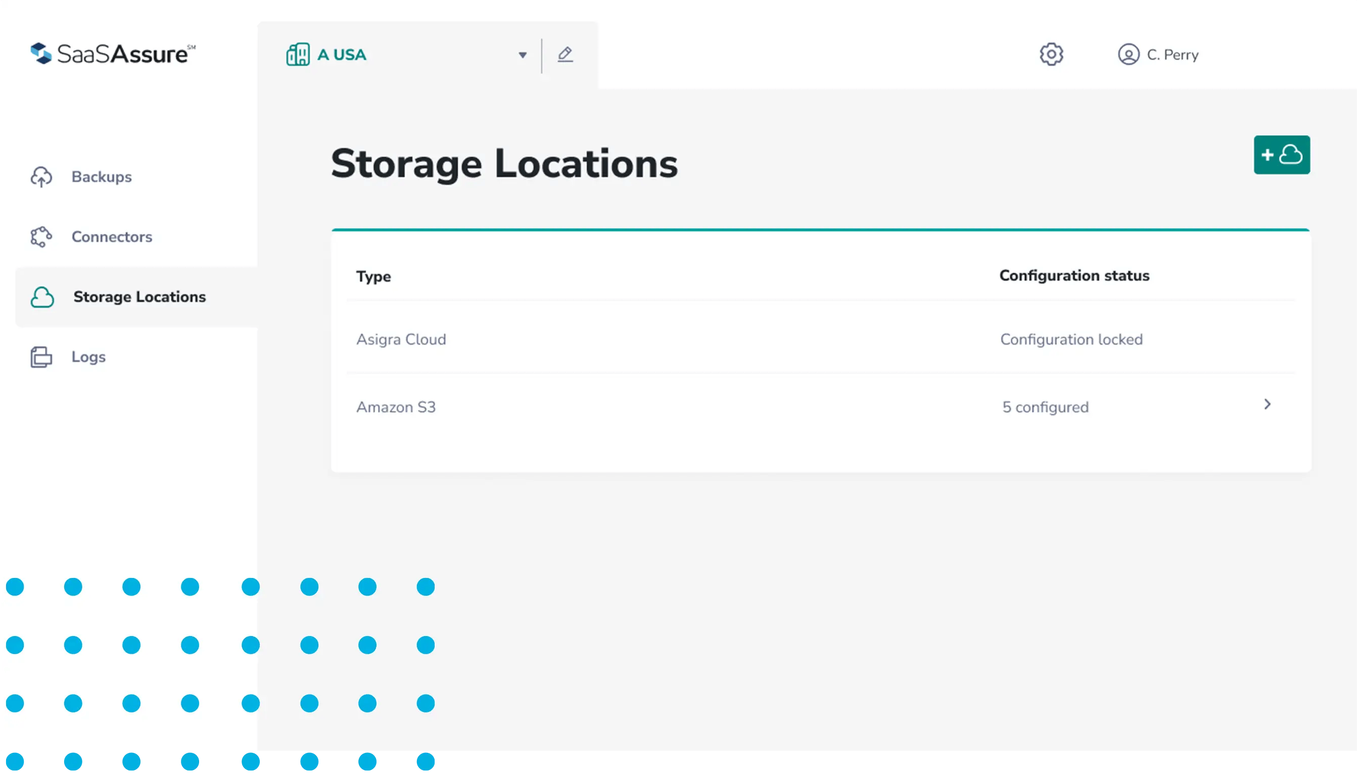 Screenshot of SaaSAssure storage locations
