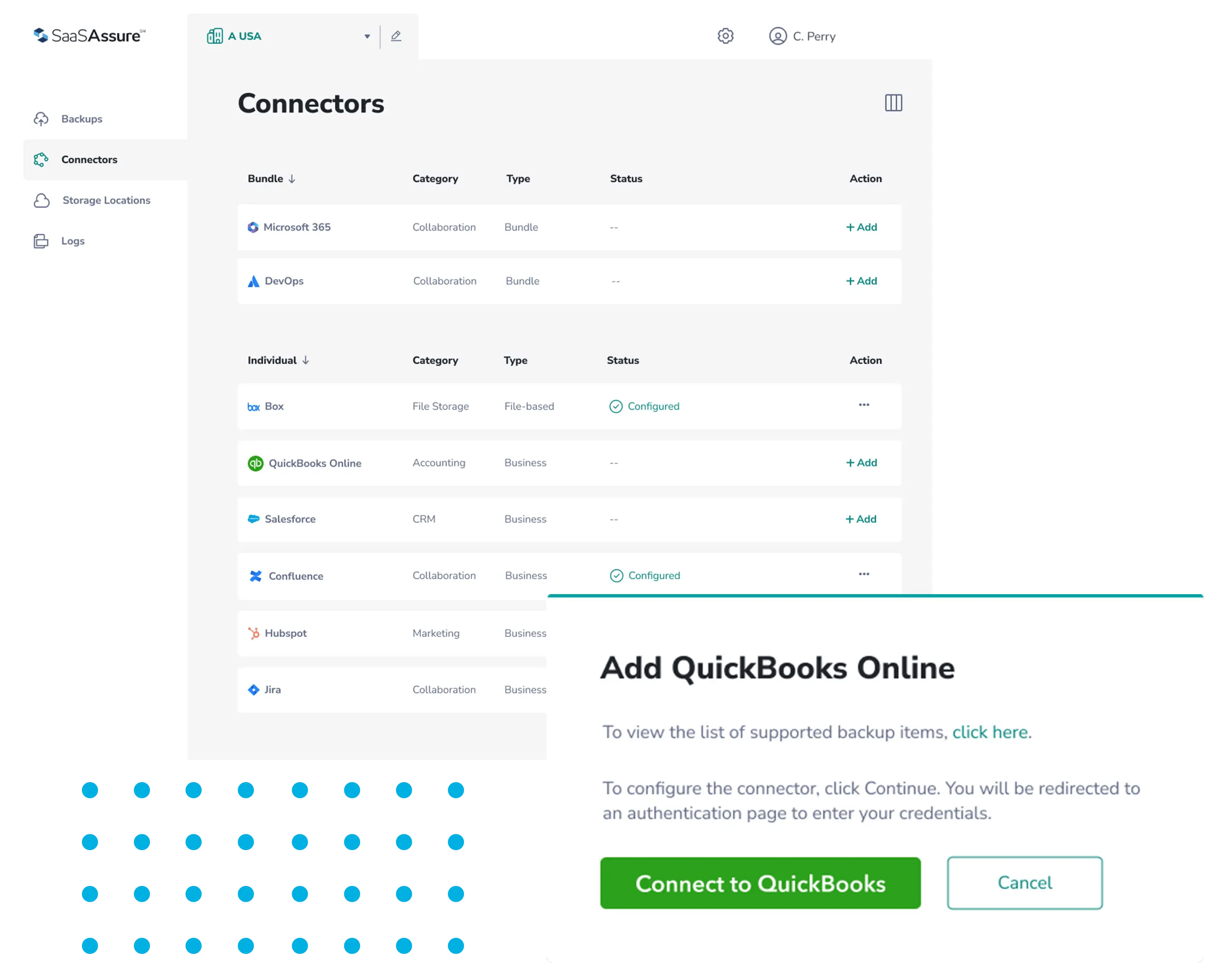 Screenshot of SaaSAssure add connectors
