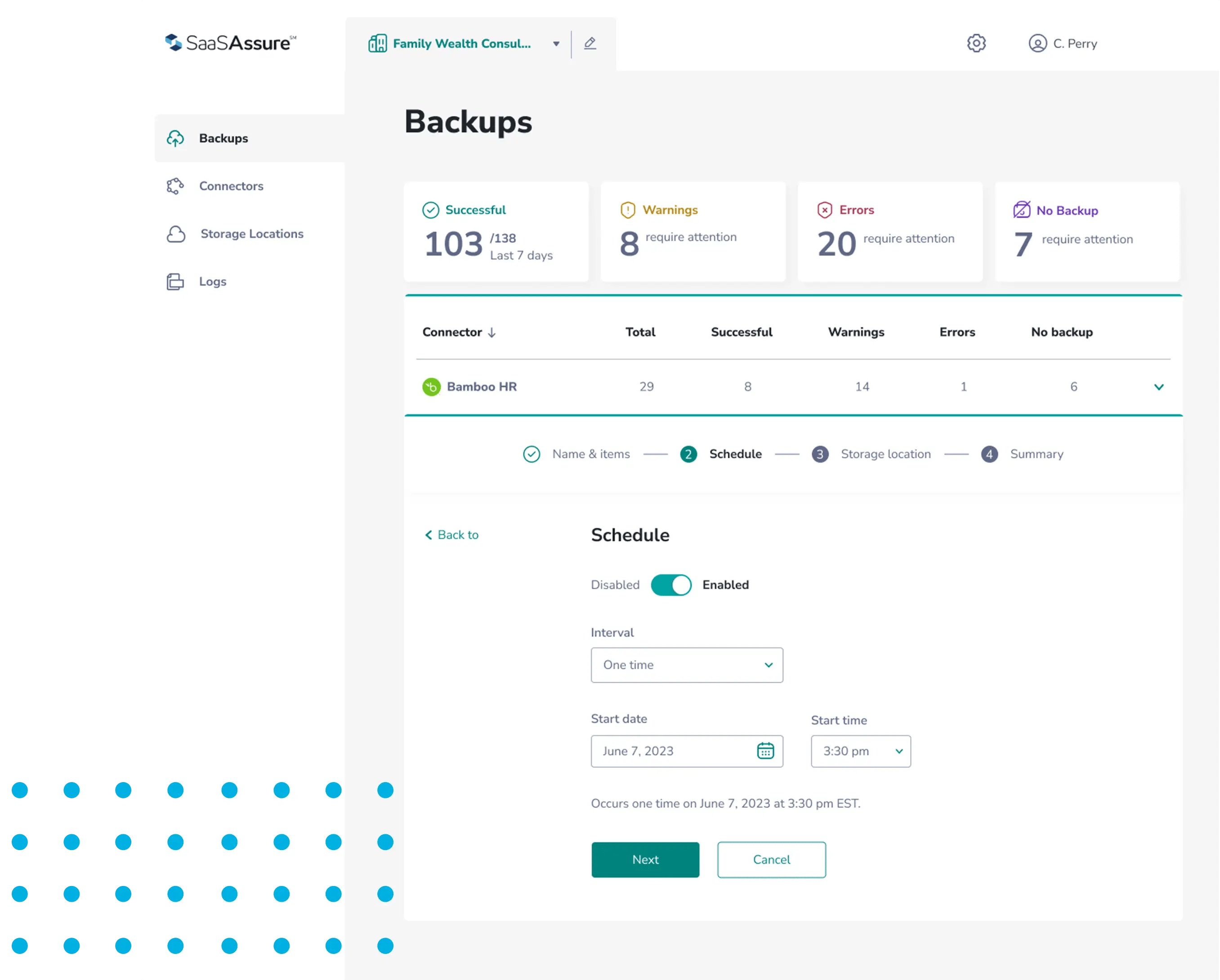 Screenshot of SaaSAssure Schedule a daily backup